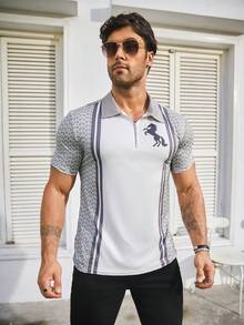 Manfinity Homme Nam In ngựa Cổ áo tương phản Áo polo - Màu Khaki - Xem 3