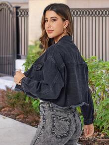 SHEIN LUNE 女款單排釦丹寧外套,帶有前袋 - 黑色 - 查看 2