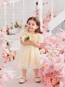 Baby Girl Summer Cute Peter Pan Collar Short Sleeve Mesh Dress - Yellow - View 3
