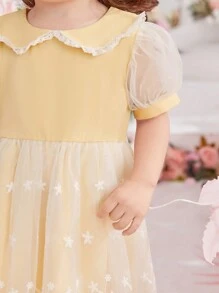 Baby Girl Summer Cute Peter Pan Collar Short Sleeve Mesh Dress - Yellow - View 5