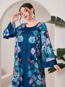 Al Najma 女士花卉印花长款阿拉伯连衣裙，朴素全长 Jalabiya - 彩色 - 查看 7