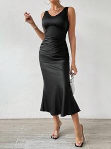 SHEIN Unity Women's Backless Draped Neckline Fish Tail Dress - Black - View 6
