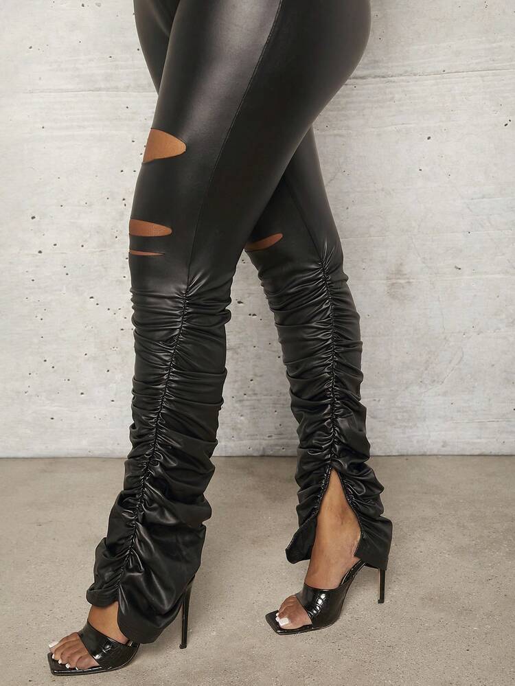 Women's Distressed Wrinkled Split Pu Leather Bodycon Jumpsuit Unitard