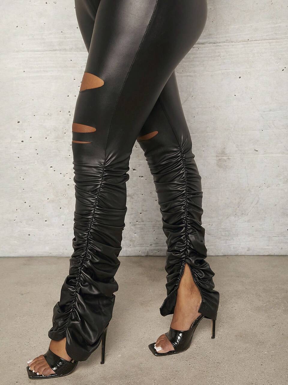 Women's Distressed Wrinkled Split Pu Leather Bodycon Jumpsuit Unitard