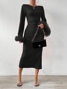 SHEIN Privé Fuzzy Tay áo Cổ tay áo Thon gọn Tay áo dài Đầm - màu đen - Xem 1