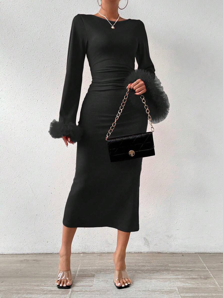 SHEIN Privé Fuzzy Tay áo Cổ tay áo Thon gọn Tay áo dài Đầm - màu đen - Xem 1