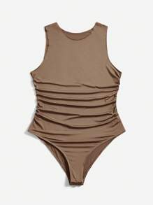 SHEIN Essnce 3 件大尺寸圓領荷葉邊露背連身衣 - 駝色 - 查看 8