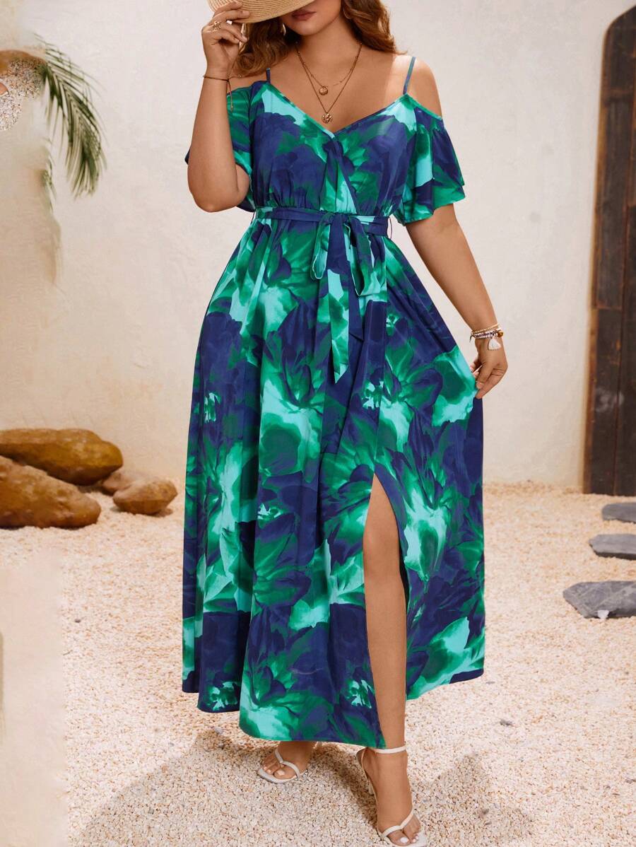 SHEIN VCAY Vestido Longo Romântico de Verão com Grandes Estampa Floral e Ombros de Fora para Mulheres Plus Size - Multicolorido - Visão 1