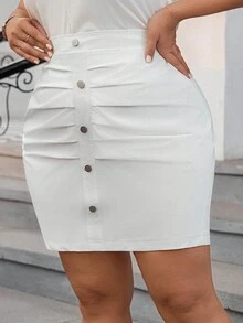 Calvaya 大尺碼高腰扣環裝飾半身裙 - 白色 - 查看 5