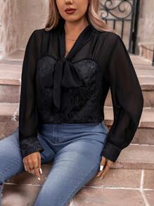 SHEIN Clasi Blouse En Maille À Nœud Avant Pour Femme Grande Taille - Noir - Voir 3