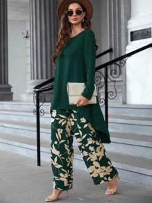 EMERY ROSE Zweiteiliges Set Aus Einfarbigem, Schlichtem Oberteil Und Bedruckten Hosen Für Damen