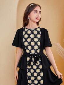 SHEIN 少女手工編織幾何花紋和花鬘圖案雙層連衣裙 - 黑色 - 查看 3