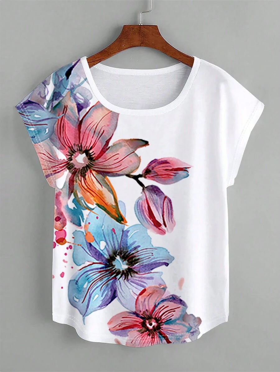 INAWLY Flower Patterned Casual T-Shirt Graphic Tees Women Tops - White - View 1