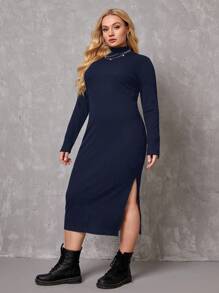 SHEIN Essnce Kích thước lớn Tay áo dài Chia bên Đầm - Màu xanh hải quân - Xem 1