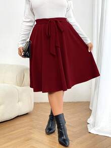 SHEIN Essnce 大尺碼純色腰帶裙 - 酒紅色 - 查看 4