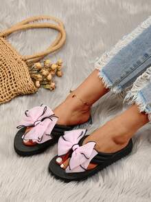 女式蝴蝶結平底拖鞋,休閒扁平人字拖女式涼鞋,配有室內外防滑大底 - 粉色 - 查看 2