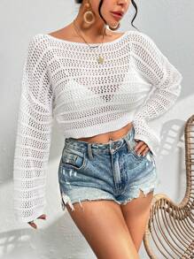 Breezaya 純色鏤空針織毛衣套頭衫 - 白色 - 查看 1