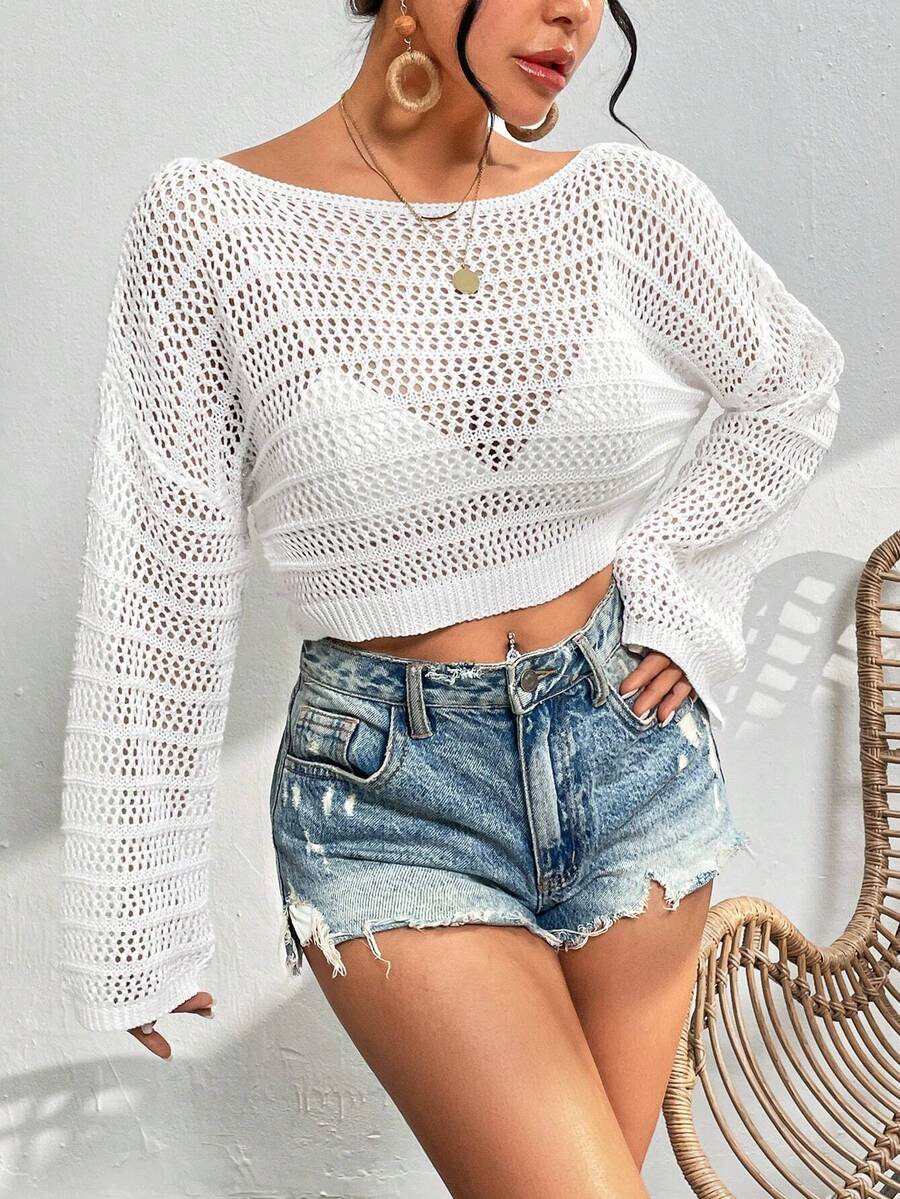 Breezaya 純色鏤空針織毛衣套頭衫 - 白色 - 查看 1