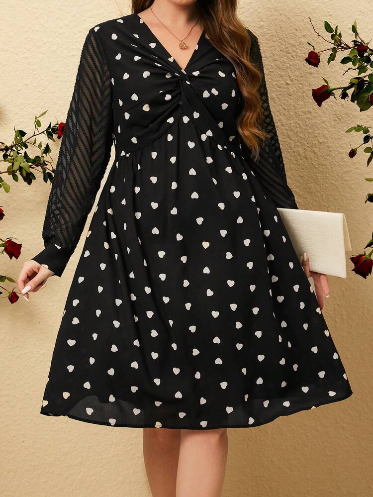 Plus Size Women'S Heart Printed Mesh Long Sleeve Dress Fall Cloth For Women