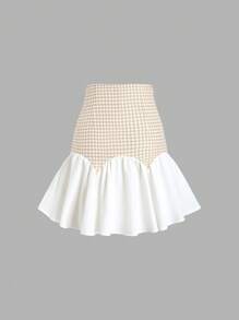 SHEIN Unity Của phụ nữ Vá lại In Houndstooth Xù Hoa Sen Váy - Màu be - Xem 2