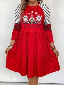 SHEIN LUNE Talla grande Vestido smock de rayas & con estampado de Navidad de manga raglán bajo con fruncido - Rojo - Ver 4
