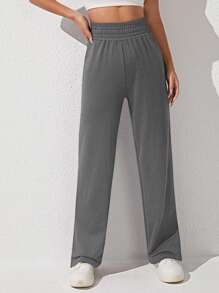 SHEIN PETITE Pantalones Palazzo Sueltos De Cintura Elástica Con Corte De Pierna Dividida Para Mujer