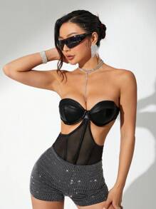 SHEIN ICON Y2k Summer Strapless Cupped Mesh Black Corset Bodysuit With Waist Cincher