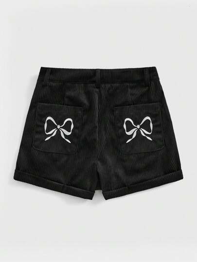 Kawaii Women's Bowknot Embroidered Corduroy Shorts