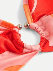 ROMWE Blommönster Halter Neck Rygglös linne, semester stil - Bränd Orange - Visa 3