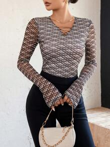 GENKIRA Của phụ nữ Vượt qua Cổ chữ V Tay áo dài Áo thun - Nhiều màu - Xem 4