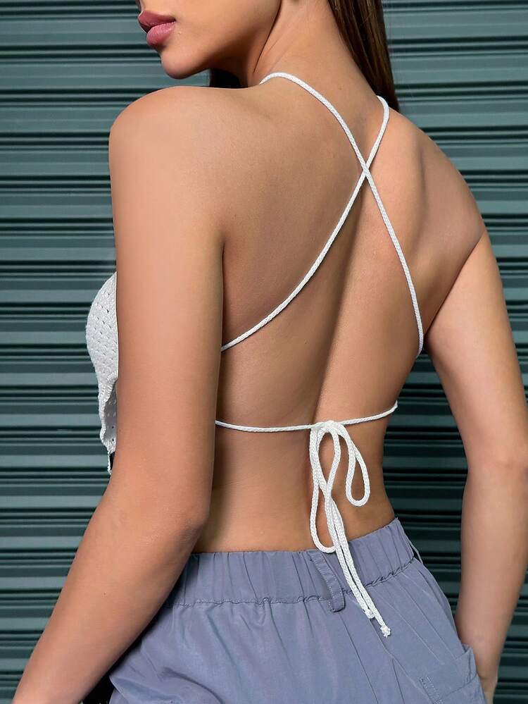 Women's Knitted Halter Top Top With Cross Back Detail And Tie Knot Accents