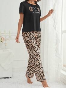 SHEIN Slogan Pattern Short Sleeve T-Shirt And Leopard Print Pants Pajama Set - Multicolor - View 3
