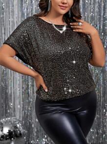 SHEIN BAE Plus Size Sparkly Batwing Sleeve T-Shirt - Gold - View 6