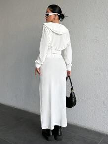 EURMUSE Women's Hooded Single-Breasted Long Sleeve Top And Side Slit Midi Skirt Set - White - View 3