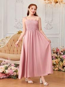 SHEIN Teen Girls' Woven Floral Open Front Jacket And Solid Color Shirred Cami Dress Set - Pink - View 6