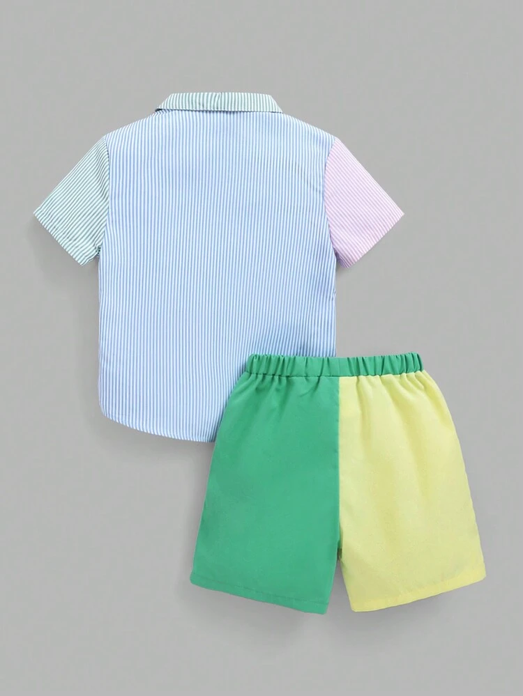 Boys' Casual Loose-fit Fun Patchwork Striped Short Sleeve Shirt With Woven Shorts Outfit