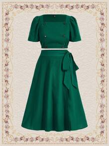 Vintamour Crop Top & Puff Short Sleeve Square Neck Top And Skirt Set