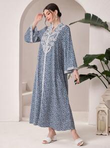 Al Najma Women's Floral Printed Long Sleeve Arabic Style Jalabiya Dress With Notch V-Neck - Multicolor - View 3
