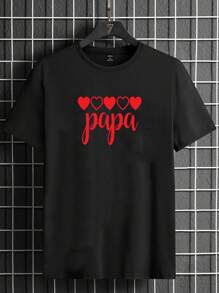 Manfinity VCAY 男士休閒情人節家庭配對心形印花短袖T恤 - 黑色 - 查看 2