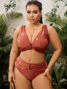 SHEIN Swim Curve Plus Size Women's Glittery Ruched Bikini Set Wedding Summer Beach - Brown - View 5