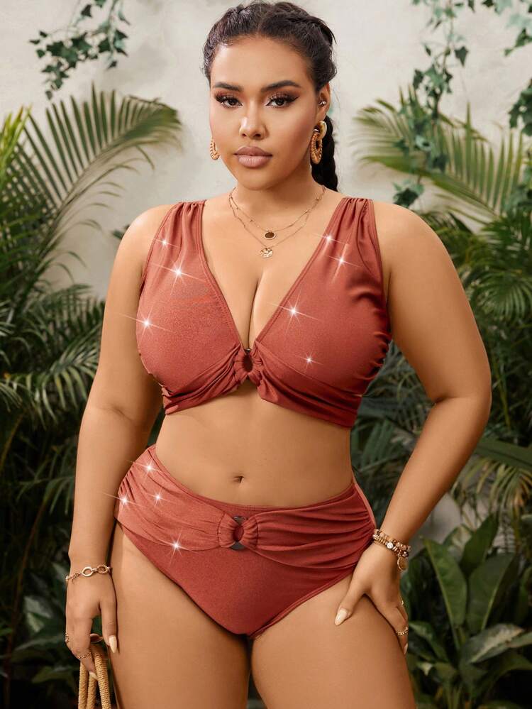 Plus Size Women's Glittery Ruched Bikini Set Wedding Summer Beach