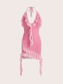 SHEIN ICON Y2k Summer Spring Outfits Two Pieces Sexy And Fashionable Halter Neck Bodycon Dress With Ruffles And Ribbon Ties - Pink - View 1