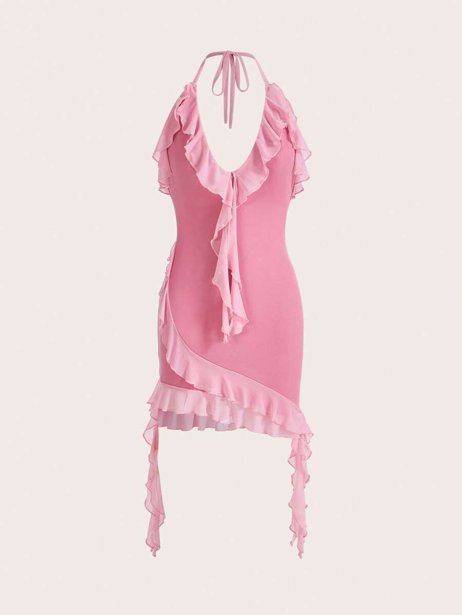 SHEIN ICON Y2k Summer Spring Outfits Two Pieces Sexy And Fashionable Halter Neck Bodycon Dress With Ruffles And Ribbon Ties - Pink - View 1
