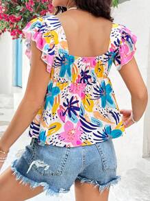 Soleia 女性方領花卉印花上衣,帶有荷葉邊設計 - 彩色 - 查看 3