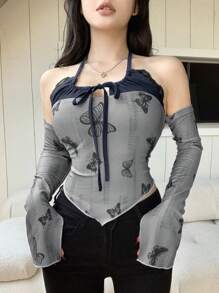 DAZY 二合一拼接蝴蝶图案全身印花长袖 T 恤，秋季女装 - 灰色 - 查看 8