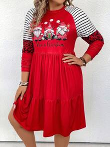 SHEIN LUNE Talla grande Vestido smock de rayas & con estampado de Navidad de manga raglán bajo con fruncido - Rojo - Ver 5