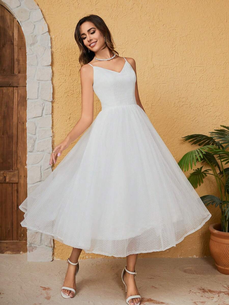 Lace & Tulle Spaghetti Strap Wedding Dress, Semi Formal Dress - White - View 1