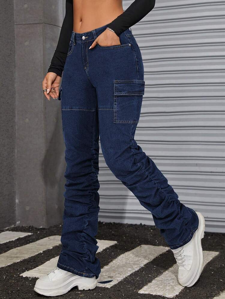 Low-waist Pleated Cargo Denim Jeans