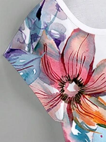 INAWLY Flower Patterned Casual T-Shirt Graphic Tees Women Tops - White - View 4