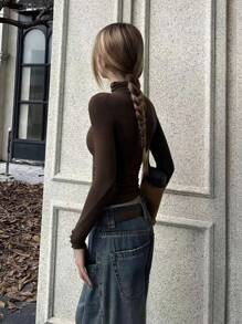 SHEIN EZwear This Week Turtleneck Long Sleeve T-shirt - Coffee Brown - View 2